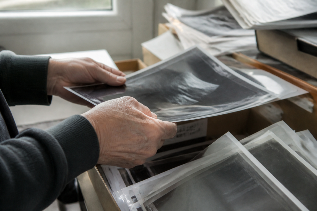 mains triant radiographies pellicules et tirages papier