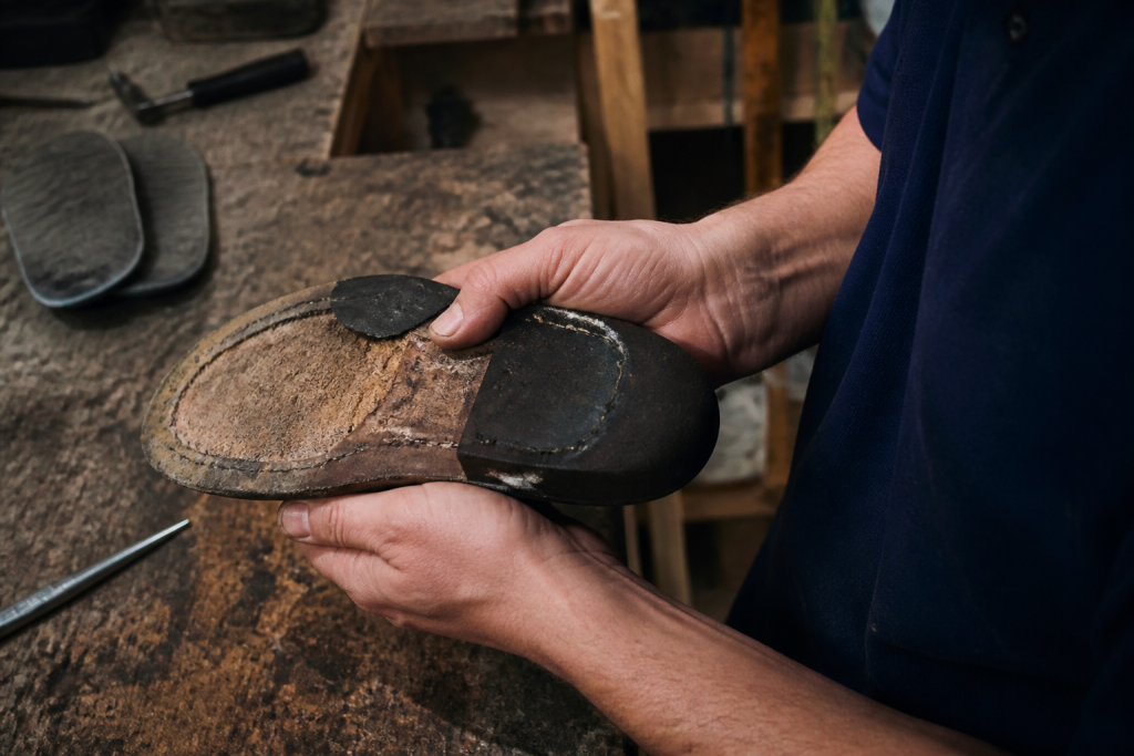 Mains remplacant semelle de chaussure usee en atelier