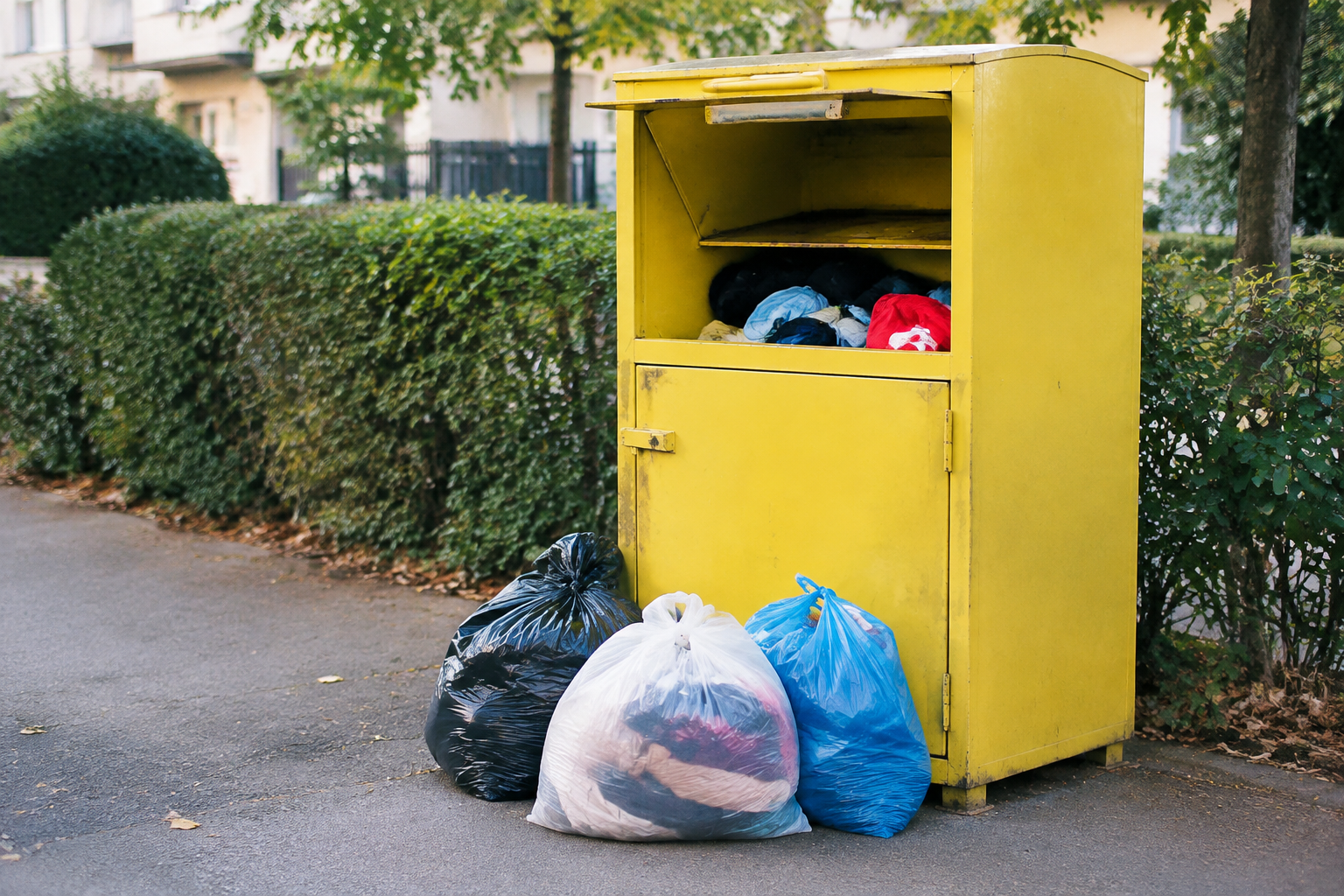 Conteneur jaune de collecte textile ouvert, sacs au sol