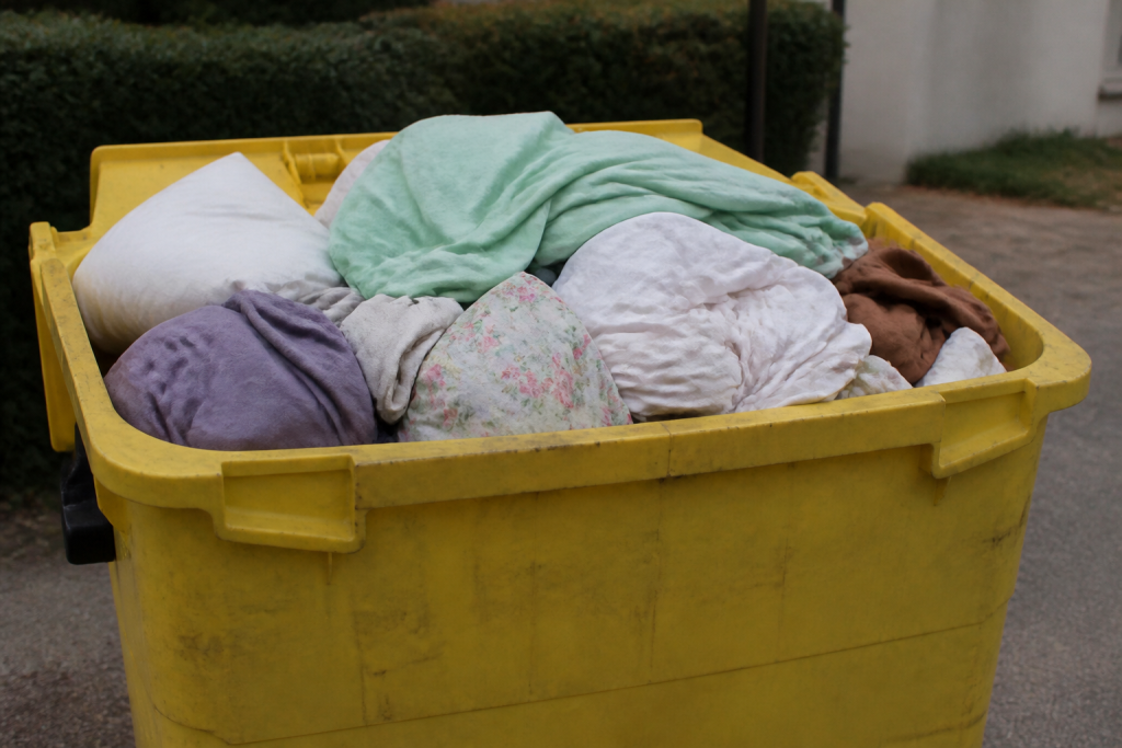 Conteneur jaune rempli de vetements et draps