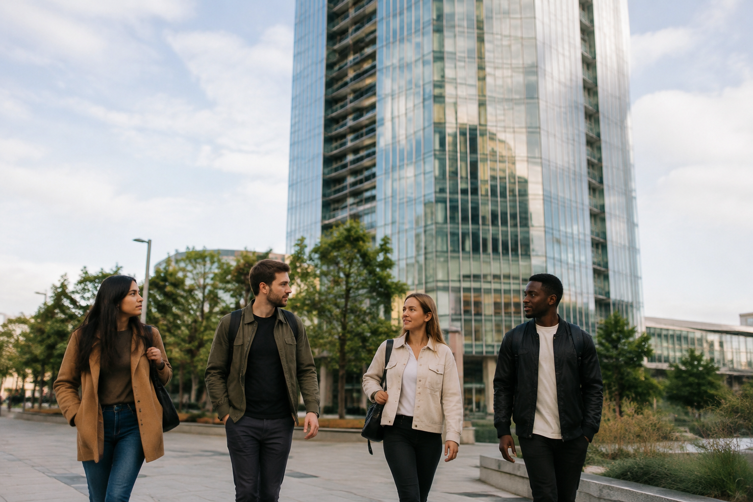 Groupe de personnes marchant devant une tour moderne