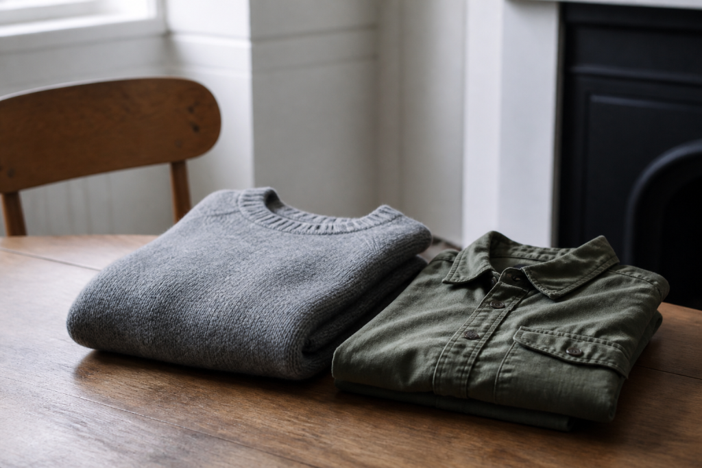 Pull et chemise plies sur une table en bois